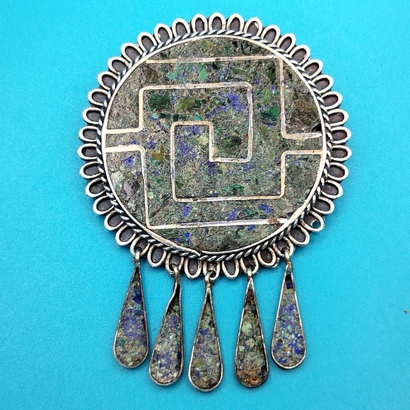 Taxco Mexico Sterling Silver Stone Brooch 925 VTG *Missing One Dangle - Picture 1 of 14